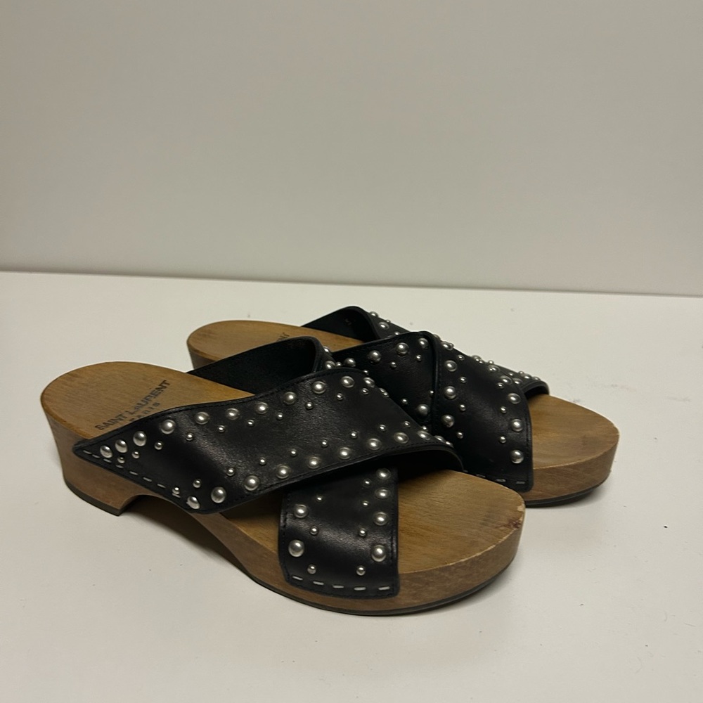 Black Studded Sandals with Wooden Sole